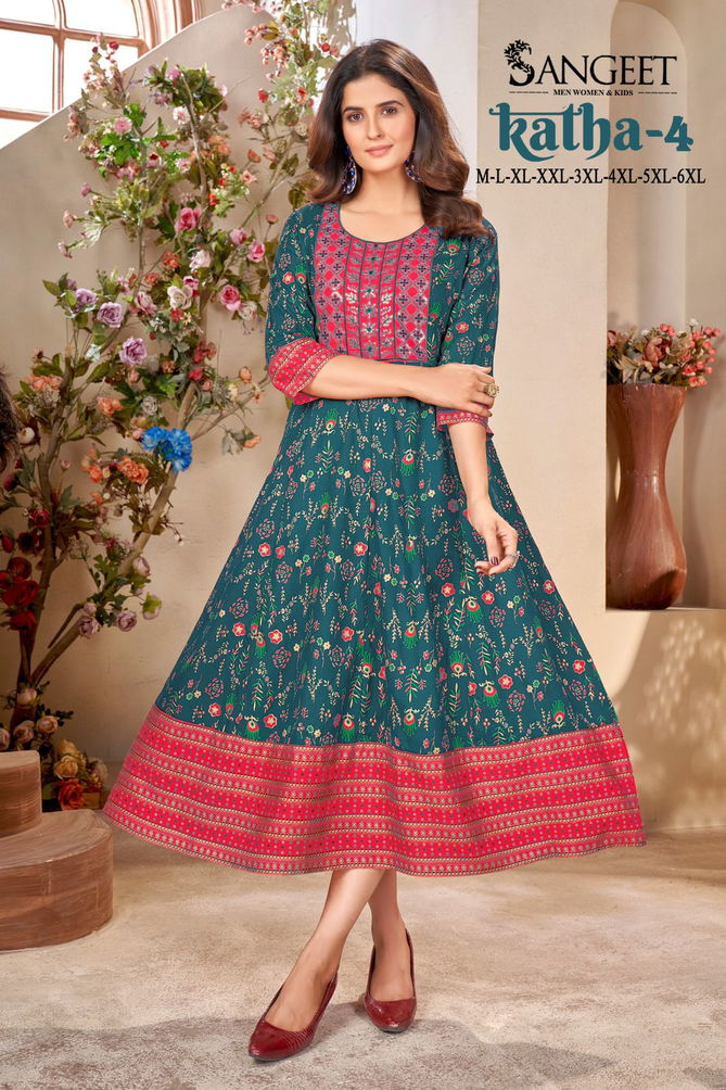 Katha 4 Long Rayon Printed Kurtis Wholesale Clothing Suppliers In India
